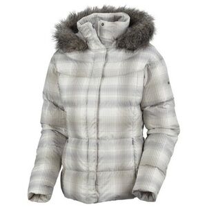 COLUMBIA Gray Plaid Puffer Mercury Maven I| 550 Down Jacket with Faux Fur Hood